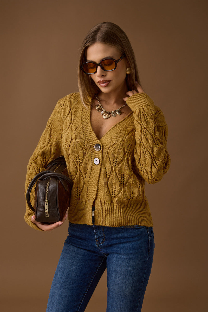 Cardigan Foglie Vestibilità Regolare ocra|Colore:Ocra