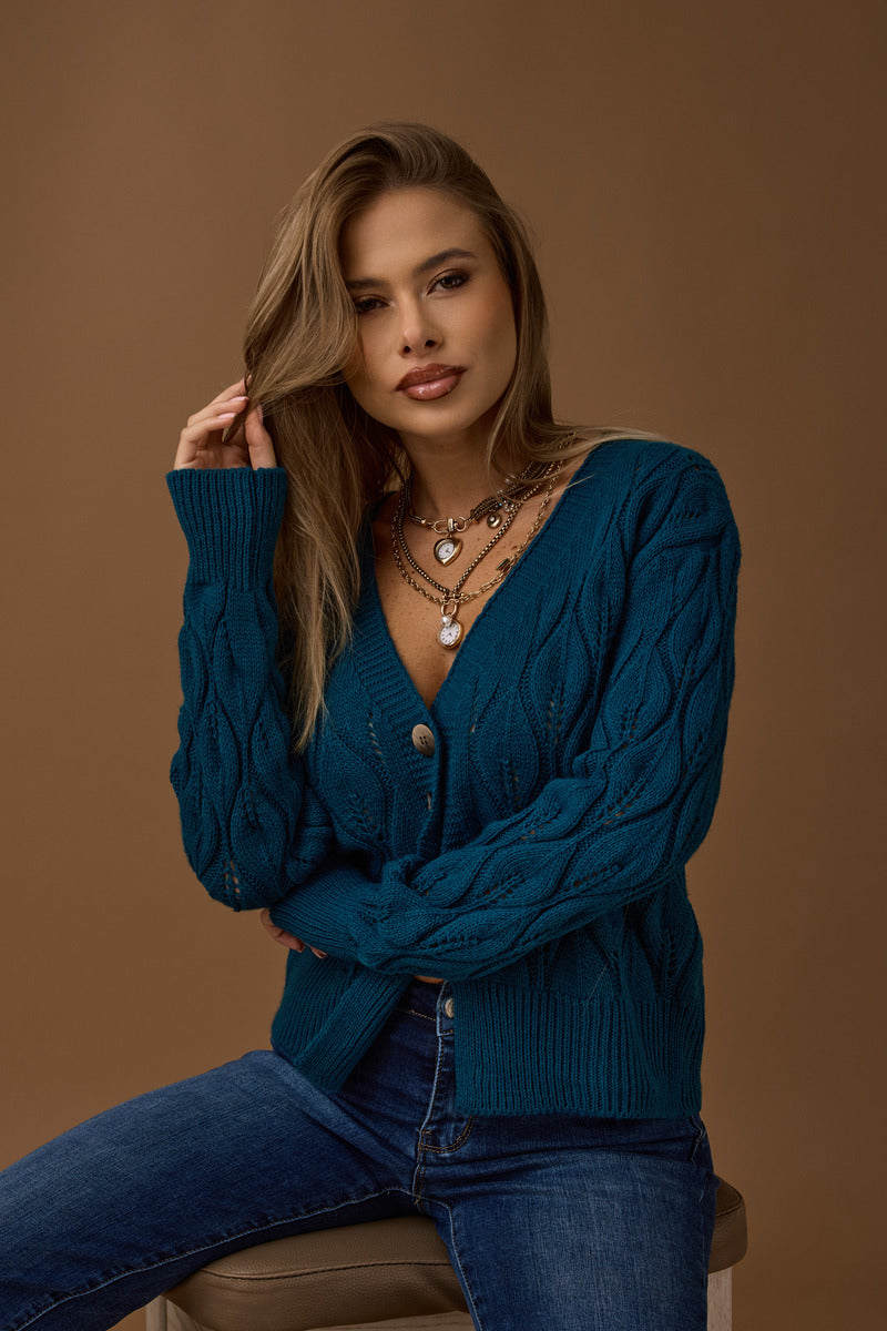 Cardigan Foglie Vestibilità Regolare ottanio|Colore:Ottanio