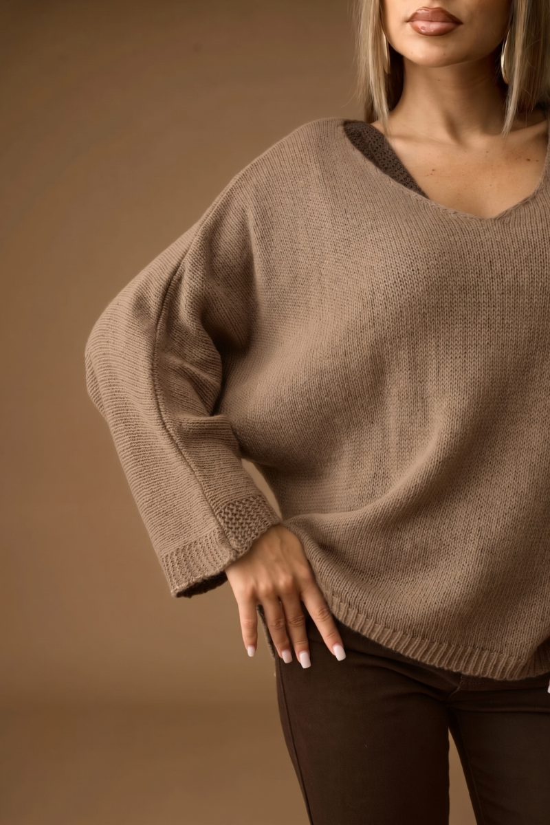 Pull Over Scollo V Fango|Colore:Fango