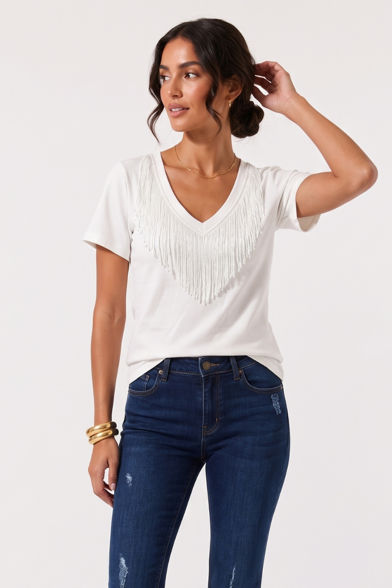 T-Shirt Scollo V Frange bianco|Colore:Bianco
