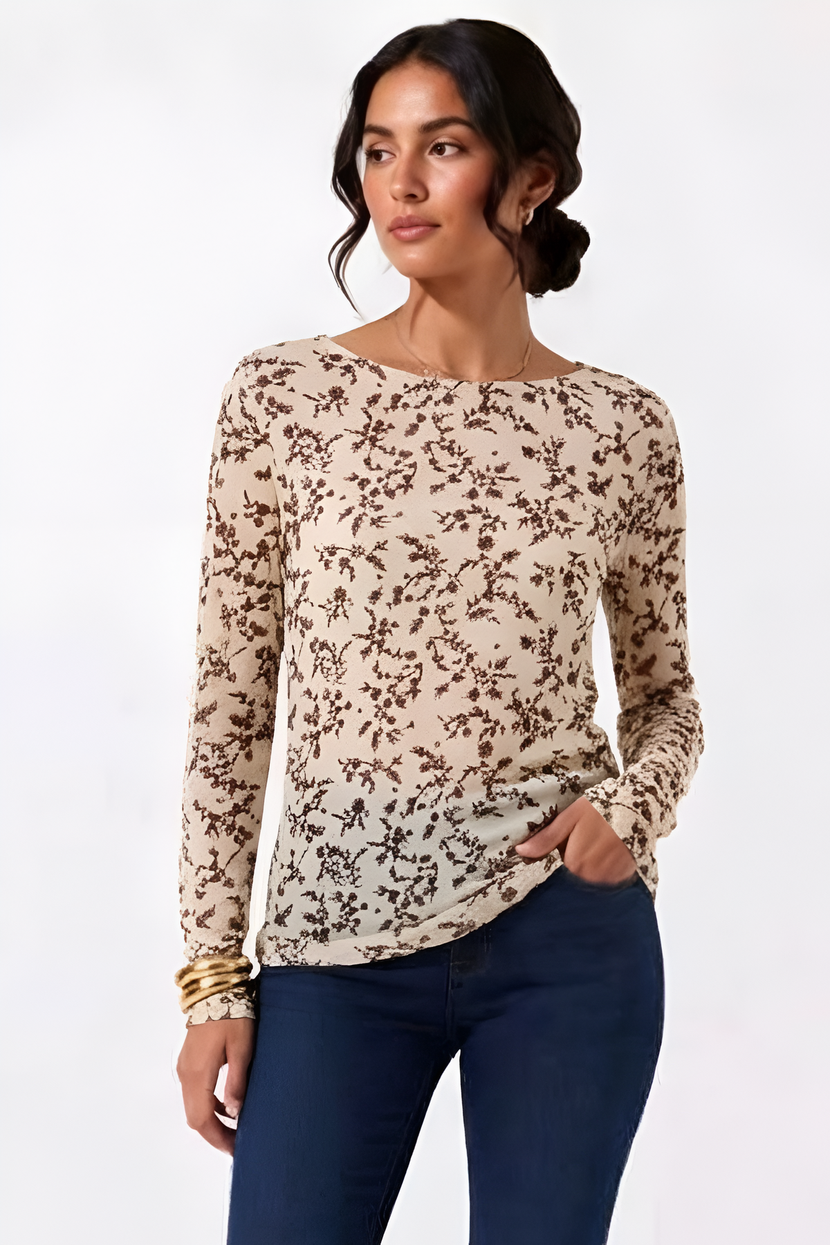Maglia Scollo Barca Tulle Fiori testa di moro|Colore:Testa di moro
