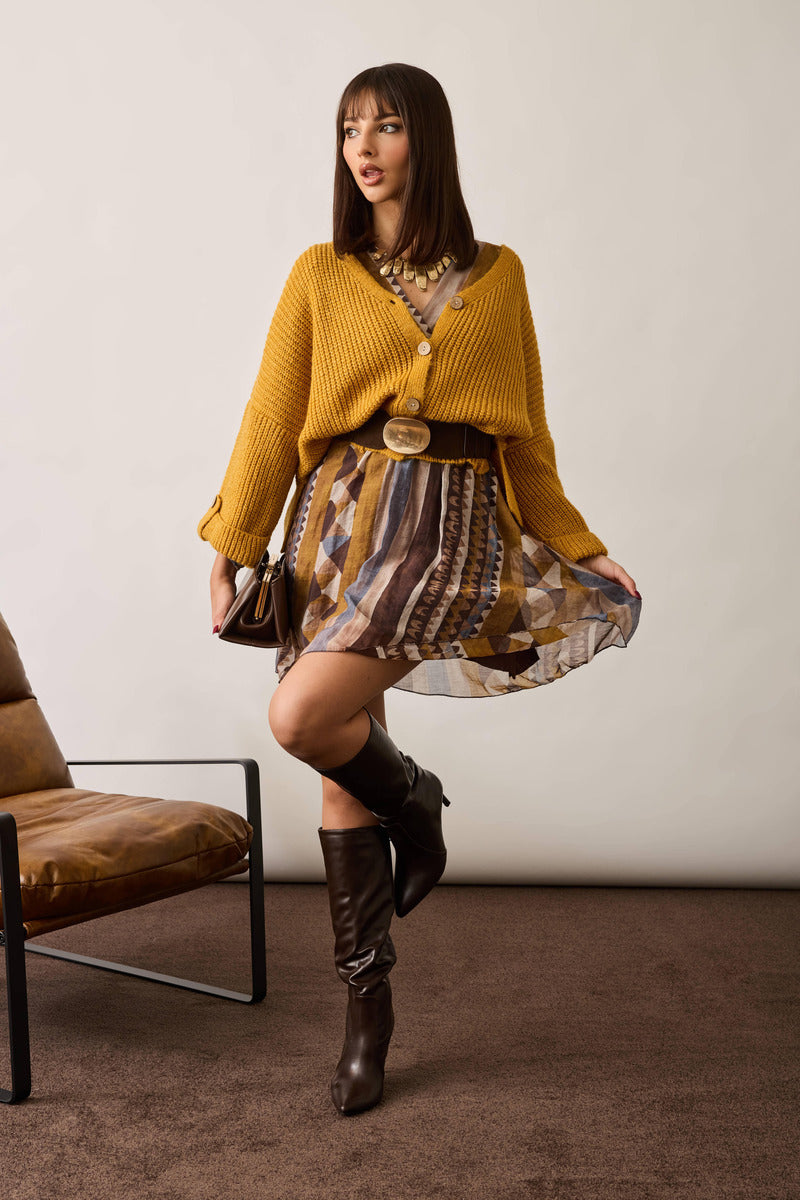 Cardigan Costine Bottone Legno  Senape|Colore:Senape