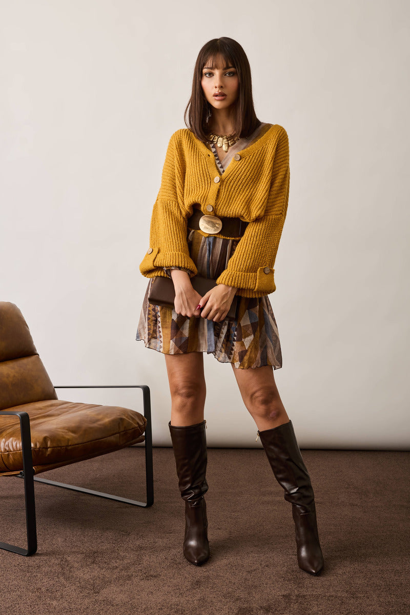Cardigan Costine Bottone Legno  Senape|Colore:Senape