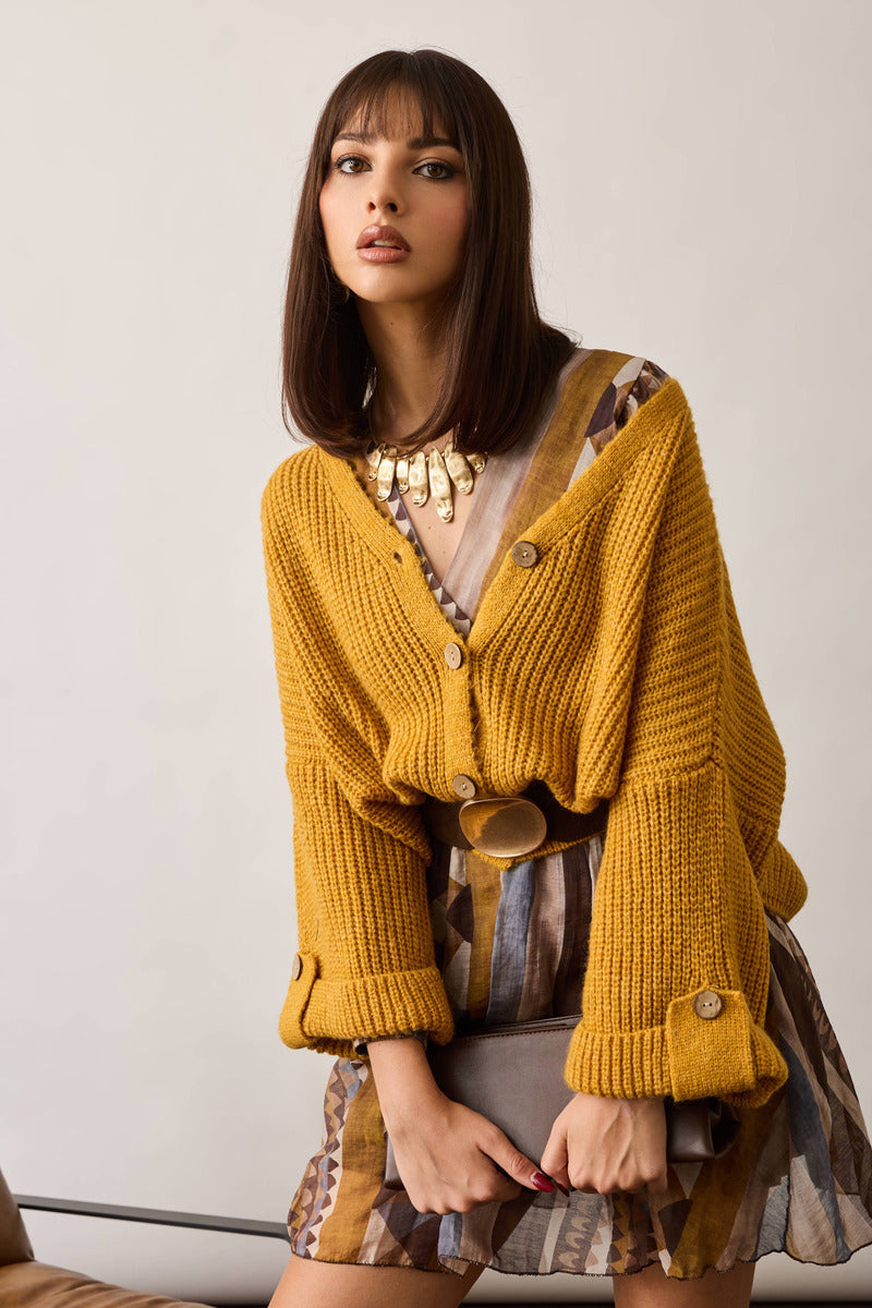 Cardigan Costine Bottone Legno  Senape|Colore:Senape
