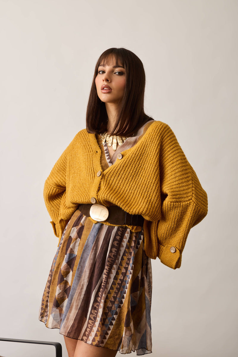 Cardigan Costine Bottone Legno  Senape|Colore:Senape