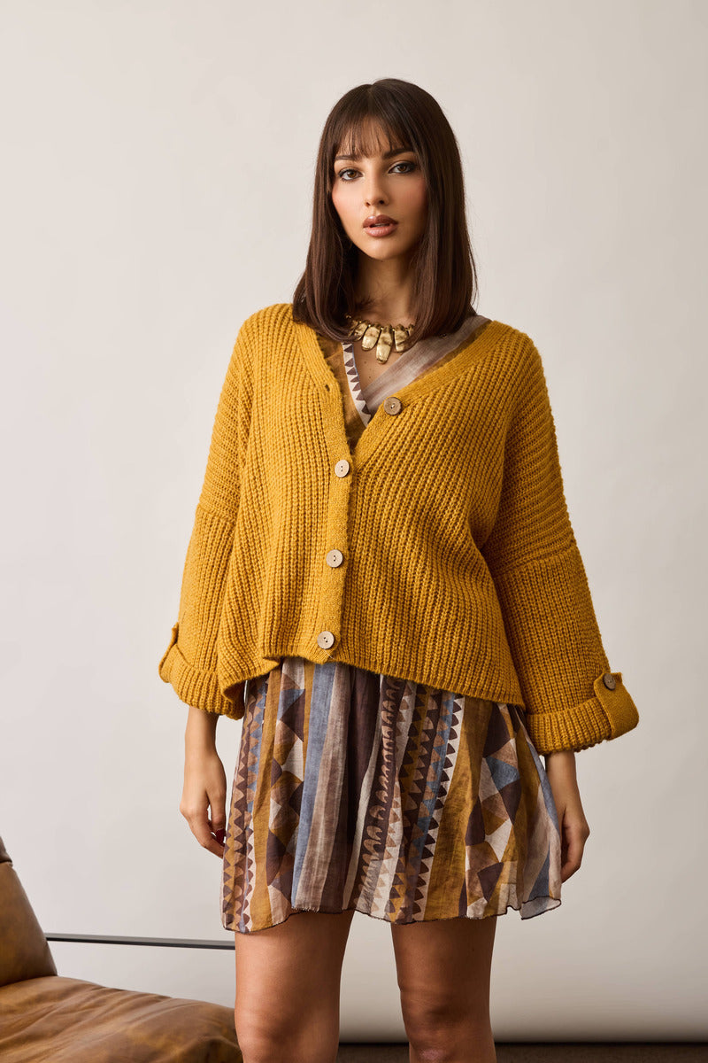 Cardigan Costine Bottone Legno  Senape|Colore:Senape