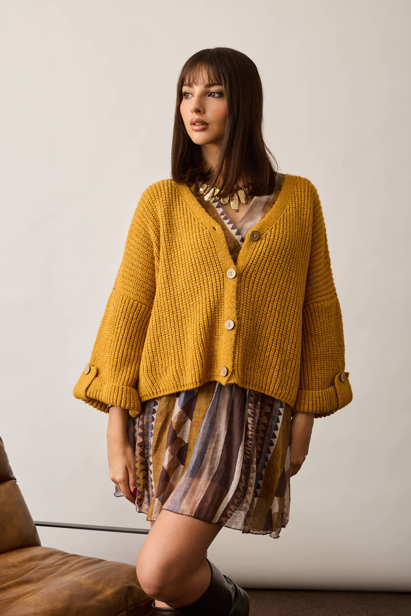 Cardigan Costine Bottone Legno  Senape|Colore:Senape