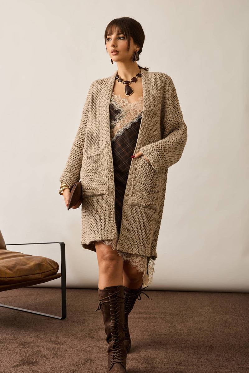 Cardigan Lungo Con Tasche fango|Colore:Fango