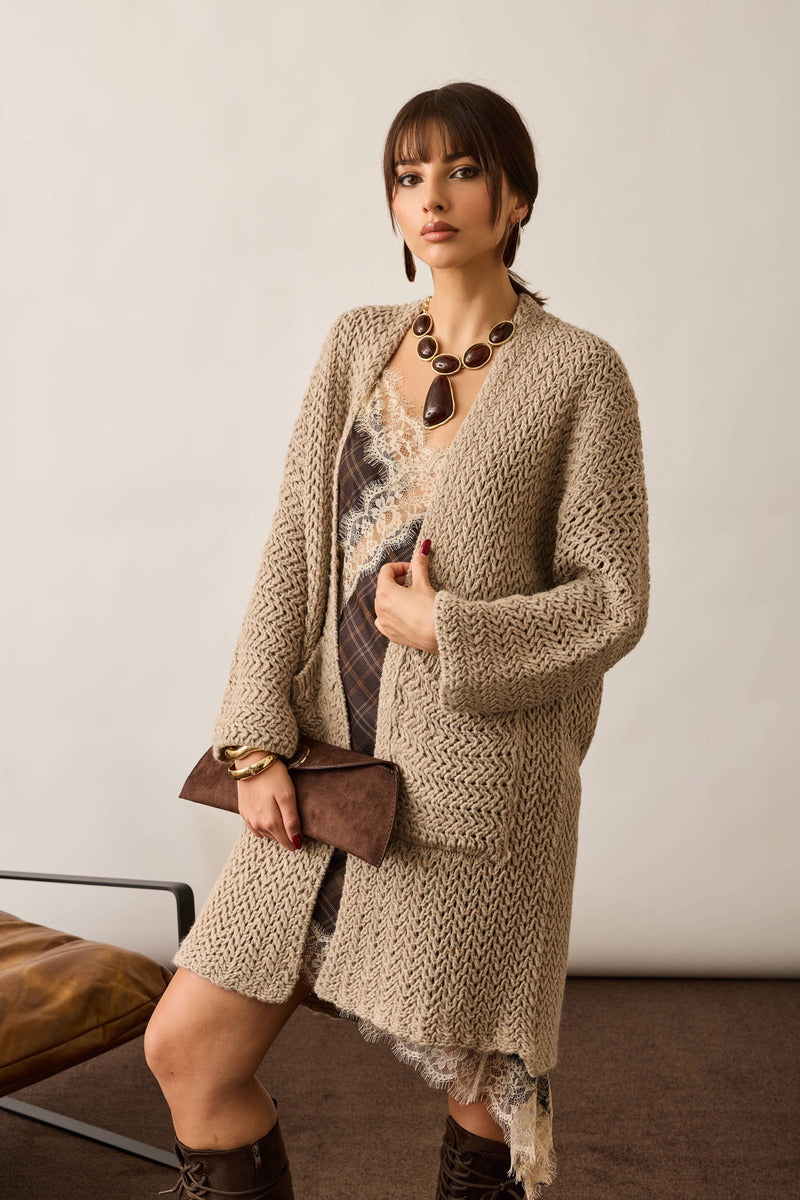 Cardigan Lungo Con Tasche fango|Colore:Fango