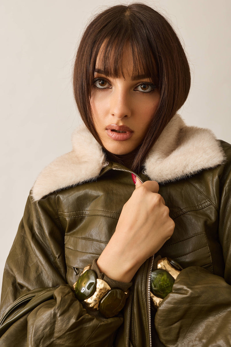 Giubbino Collo Ecopelliccia verde militare|Colore:Verde militare