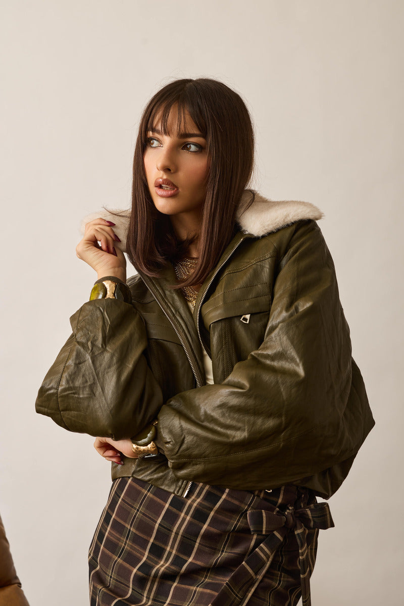Giubbino Collo Ecopelliccia verde militare|Colore:Verde militare
