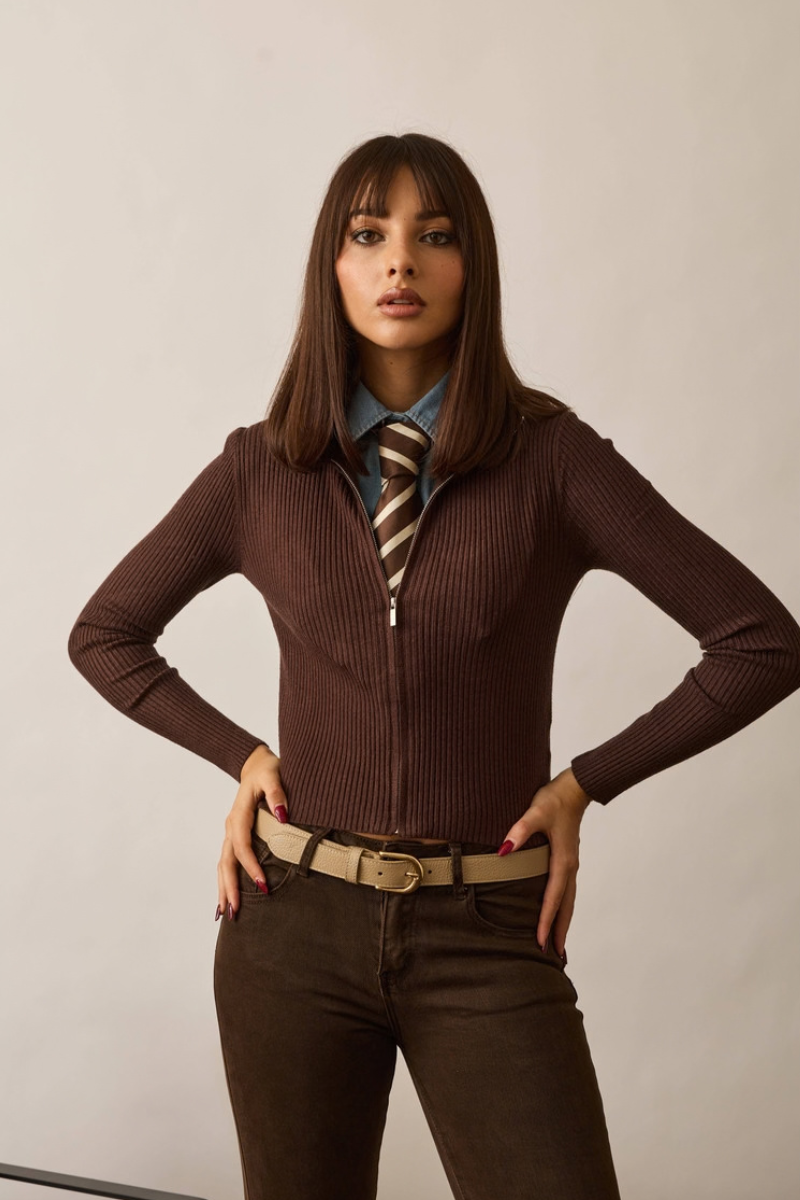 Cardigan Costine Zip testa di moro|Colore:Testa di moro