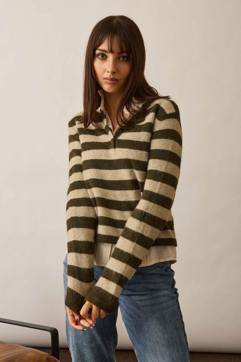 Pull Righe Bottoni Verde militare|Colore:Verde militare