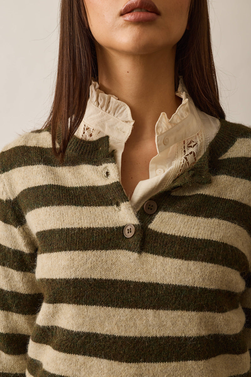 Pull Righe Bottoni Verde militare|Colore:Verde militare
