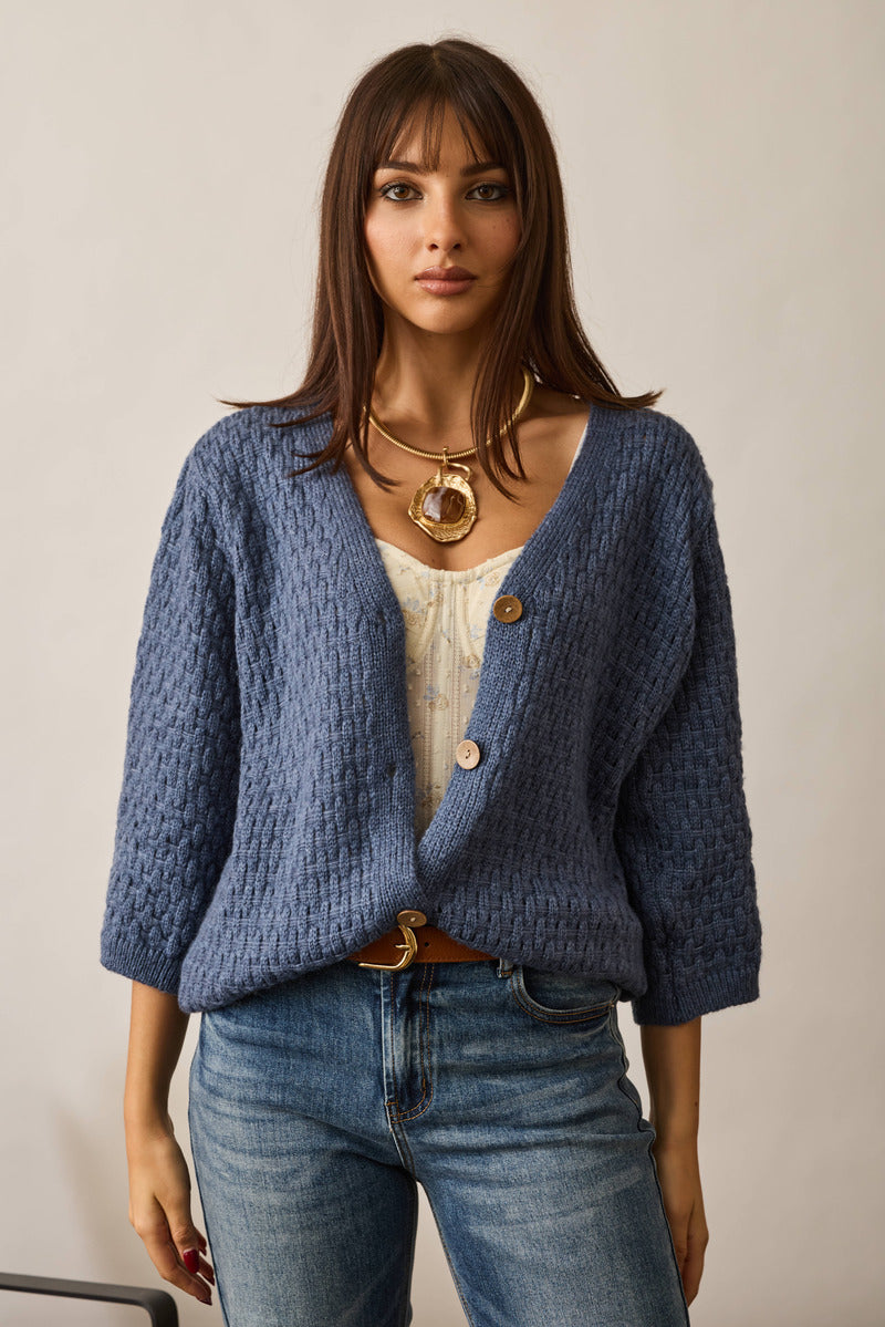 Cardigan Intreccio Bottoni Legno Avion|Colore:Avion