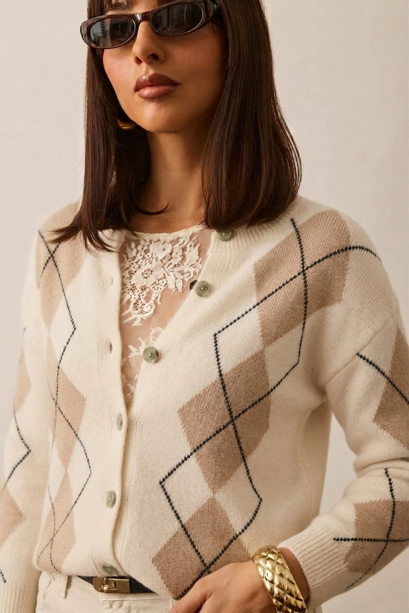 Cardigan Rombi Lana Bianco|Colore:Bianco