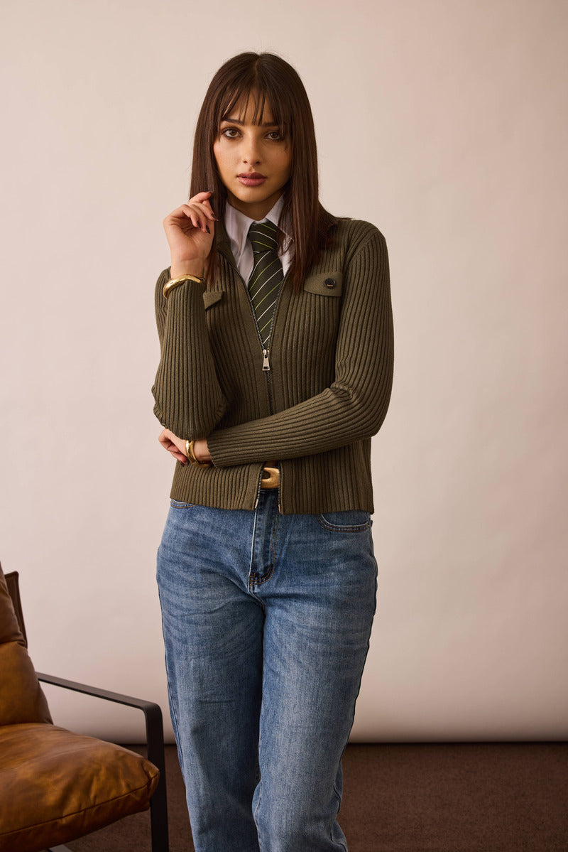 Cardigan Zip verde militare|Colore:Verde militare