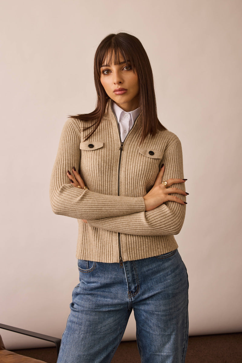 Cardigan Zip beige scuro|Colore:Beige scuro