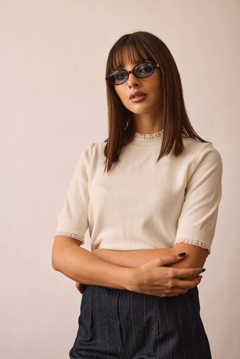 Pull Mezza Manica Bordino Pizzo Bianco|Colore:Bianco