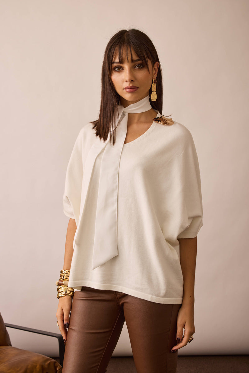 Pull Con Placchetta Dorata Panna|Colore:Panna