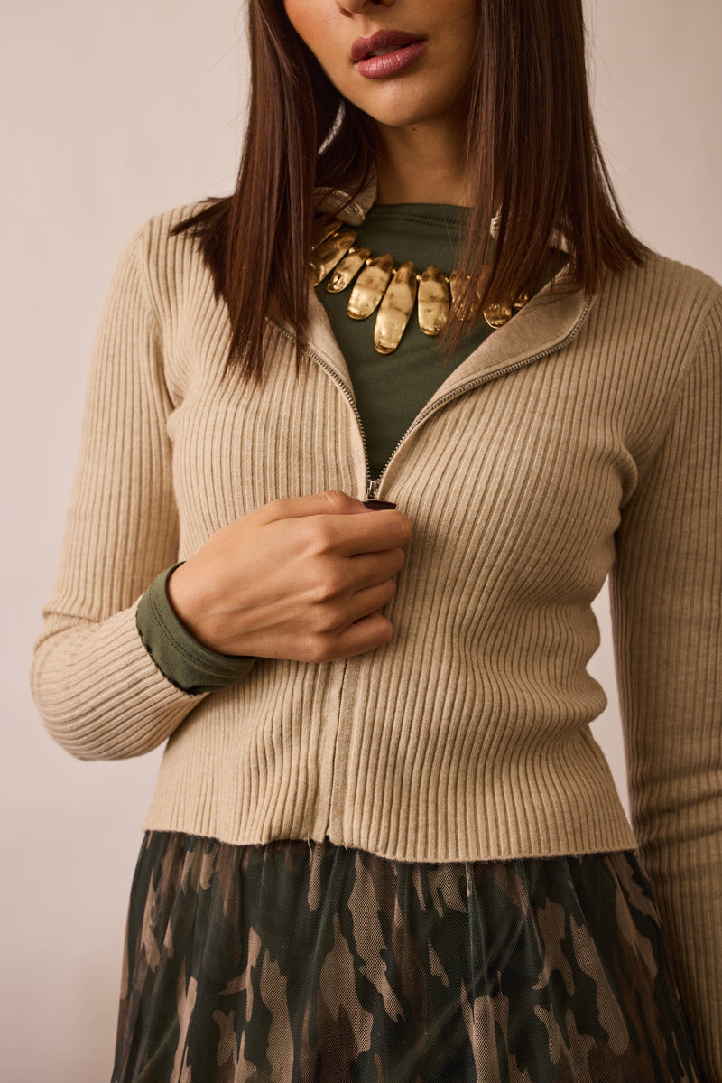 Cardigan Costine Zip Beige|Colore:Beige