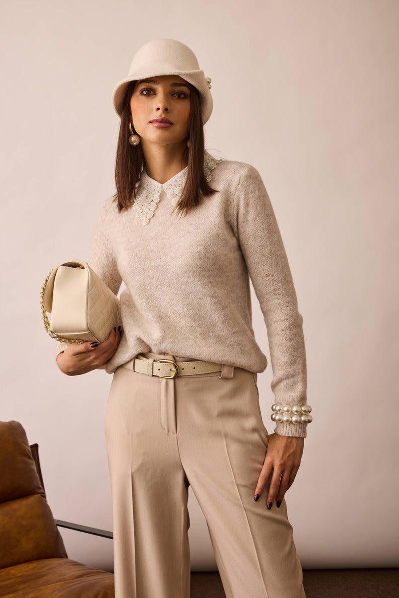 Pull Con Macrame E Perline gesso|Colore:Gesso