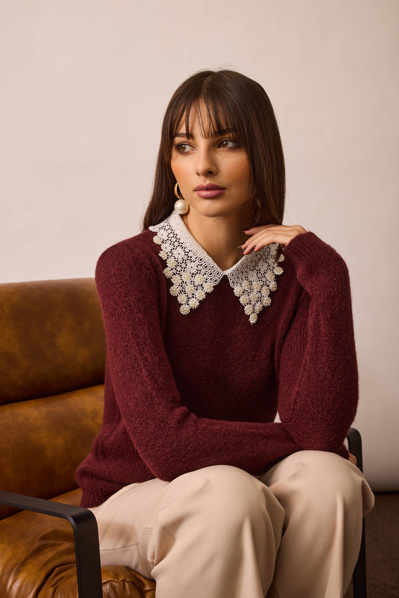 Pull Con Macrame E Perline borgogna|Colore:Borgogna