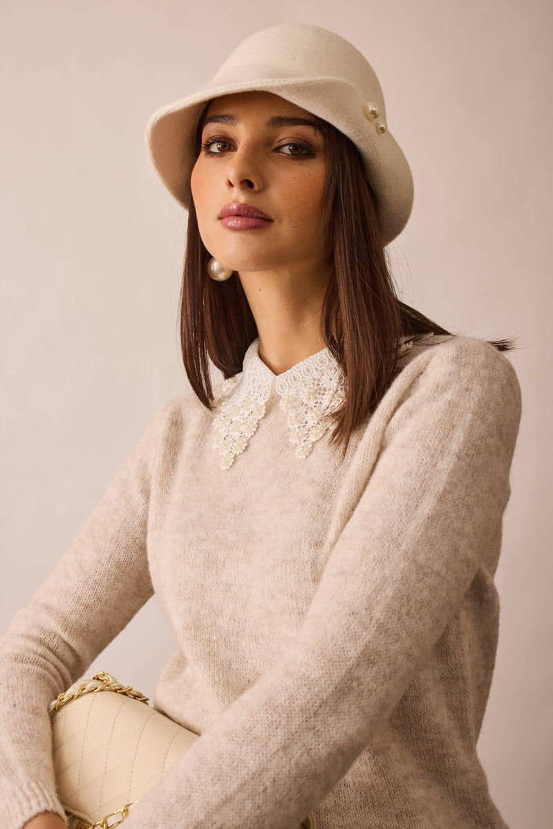 Pull Con Macrame E Perline gesso|Colore:Gesso