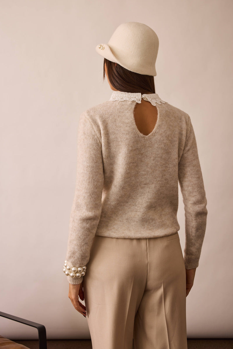 Pull Con Macrame E Perline gesso|Colore:Gesso