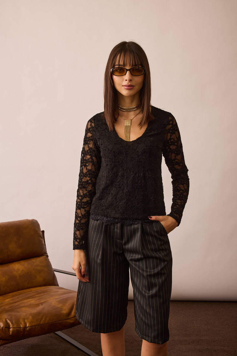 Maglia Scollo V Pizzzo Velour nero|Colore:Nero