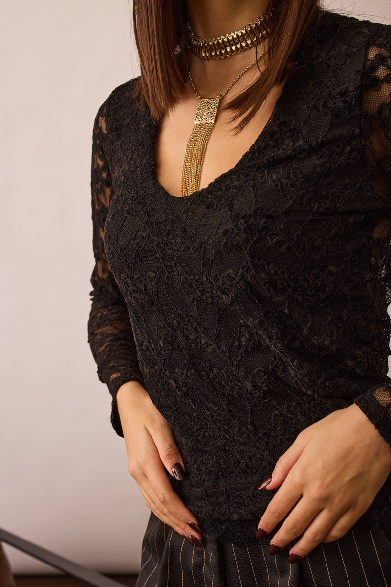 Maglia Scollo V Pizzzo Velour nero|Colore:Nero