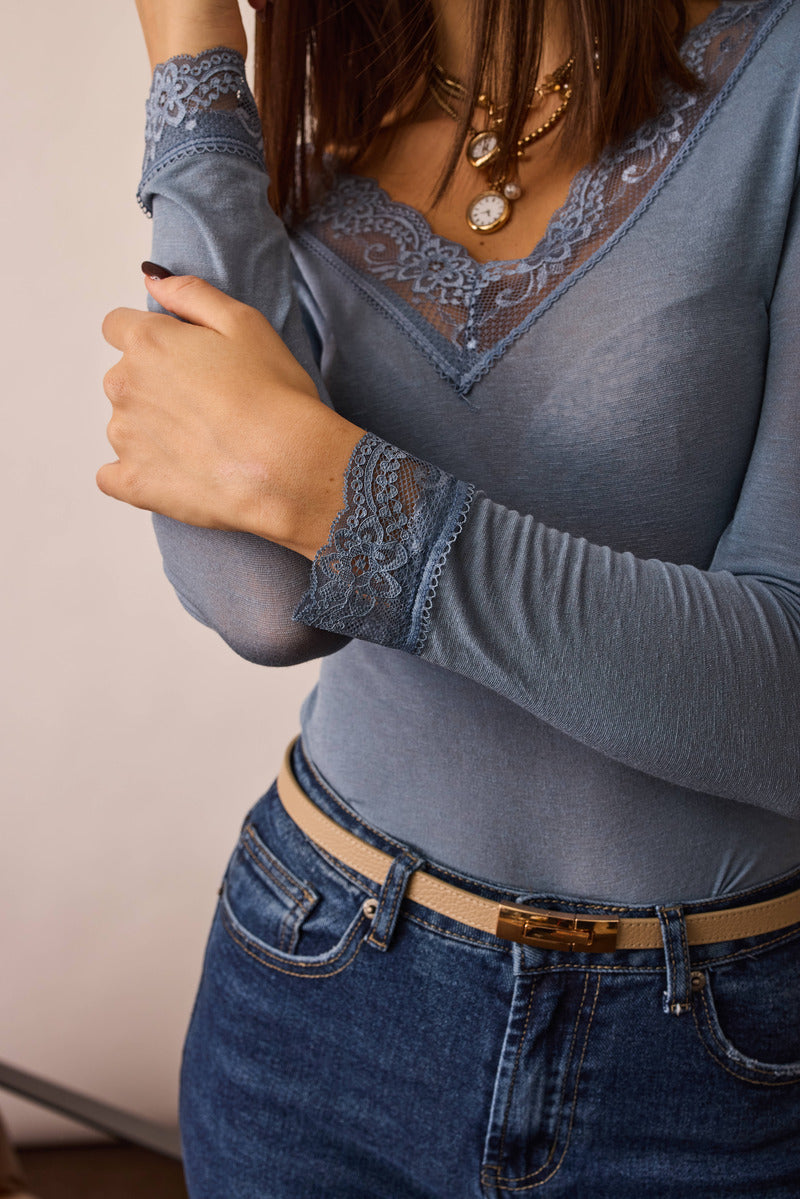 Maglia Pizzo Scollo A V Avion|Colore:Avion