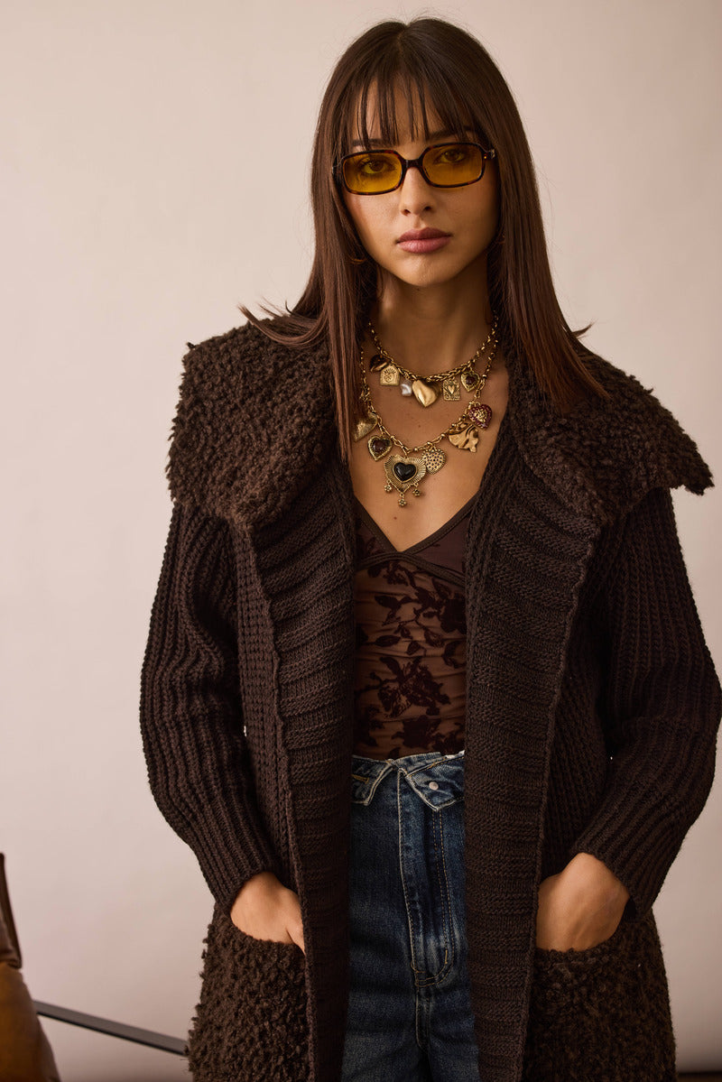 Cardigan Effetto Sherpa testa di moro|Colore:Testa di moro