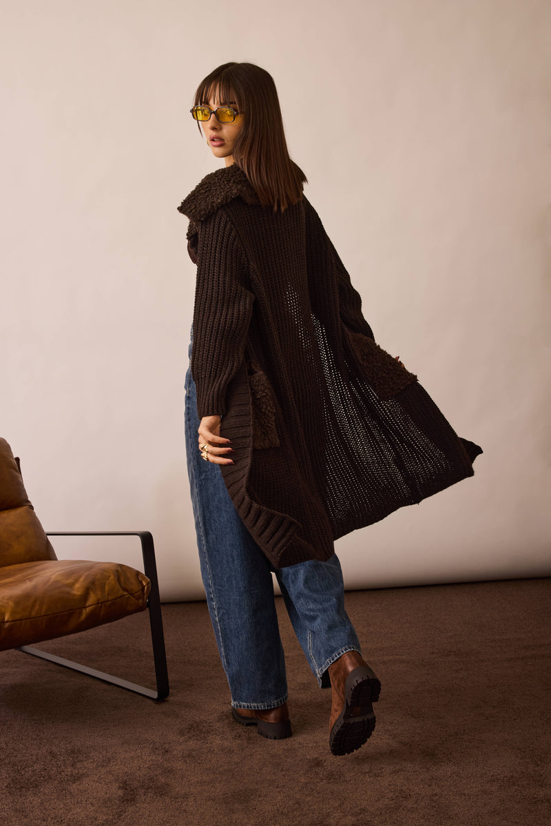 Cardigan Effetto Sherpa testa di moro|Colore:Testa di moro