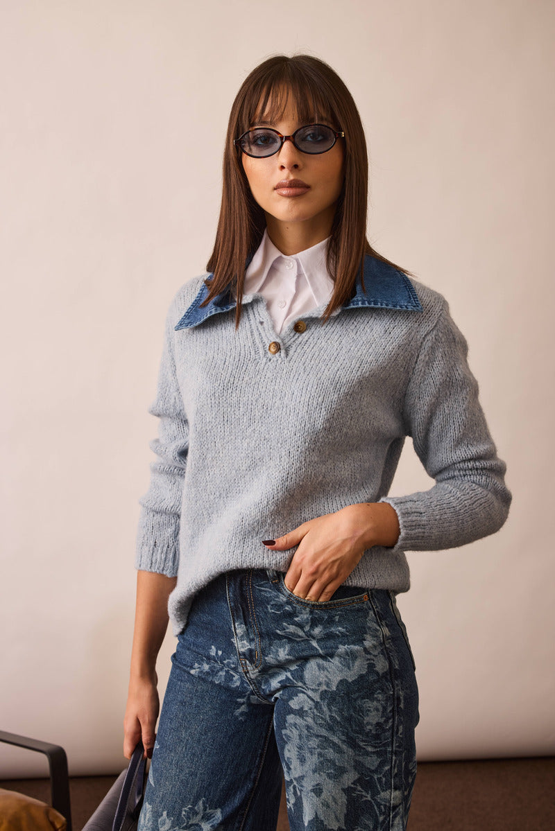 Pull Colletto Denim celeste|Colore:Celeste