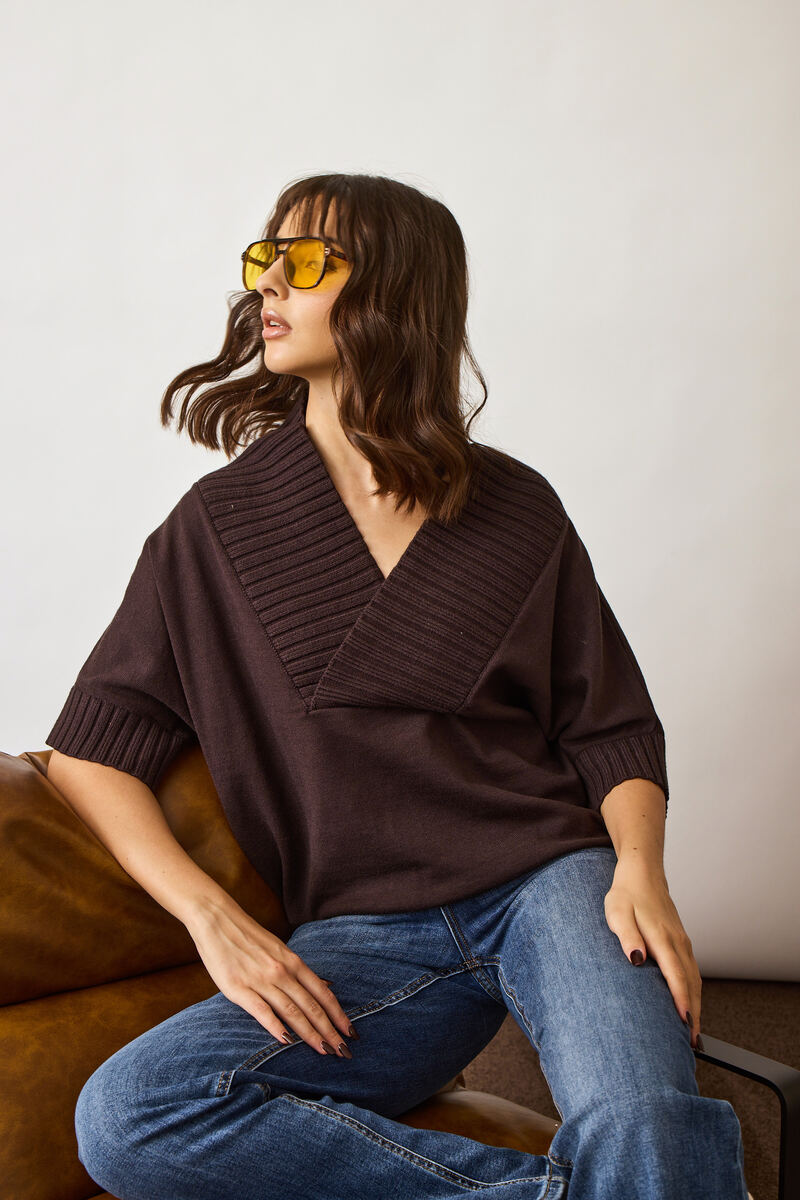 Pull Scollo V Coste testa di moro|Colore:Testa di moro