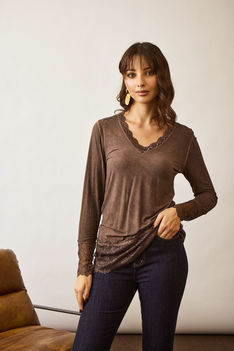 Maglia Manica Lunga Pizzo Viscosa Testa di moro|Colore:Testa di moro