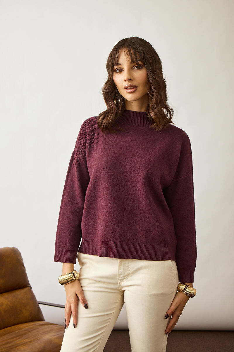 Pulll Con Ricamo Su Spalla Borgogna|Colore:Borgogna
