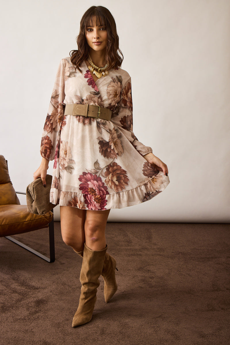 Abito Incrocio Fiori beige|Colore:Beige