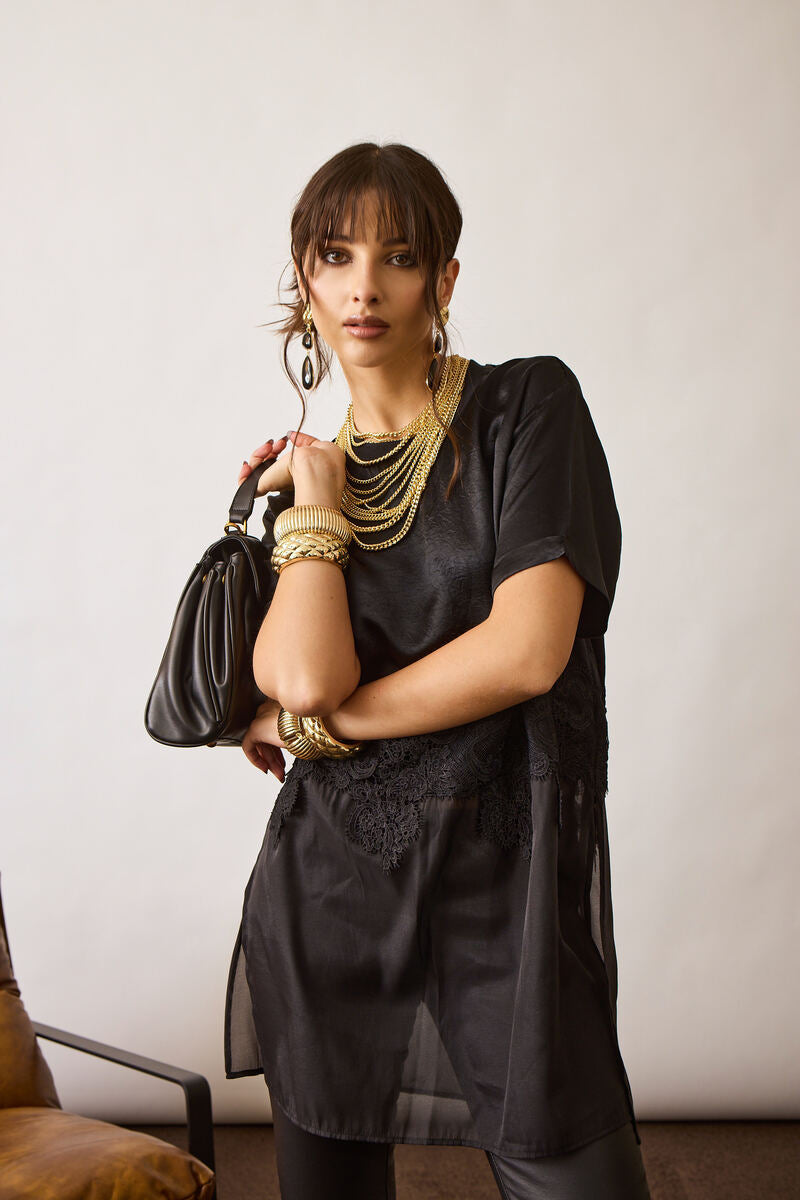 Maxi T-Shirt Satin E Pizzo nero|Colore:Nero