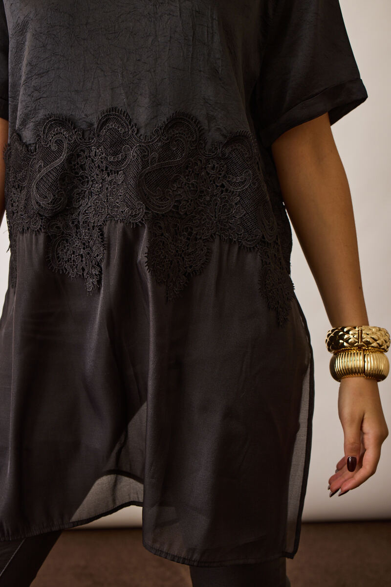 Maxi T-Shirt Satin E Pizzo nero|Colore:Nero