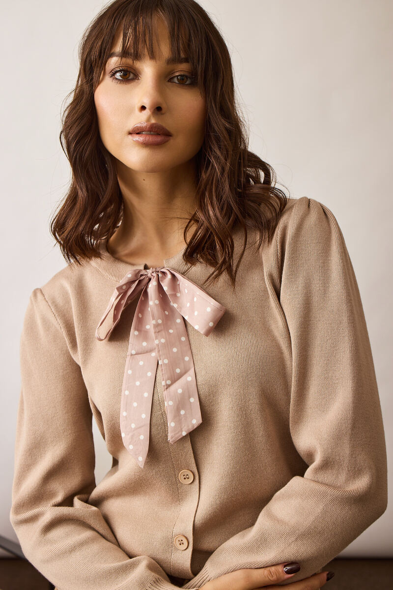 Cardigan Con Fiocco Pois fango|Colore:Fango