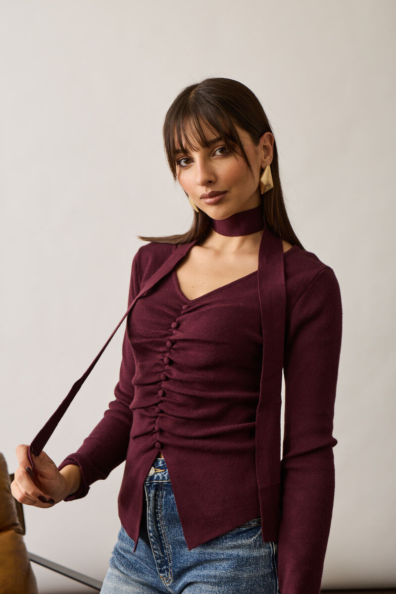 Maglia Con Arriccio E Bottoni vinaccio|Colore:Vinaccio