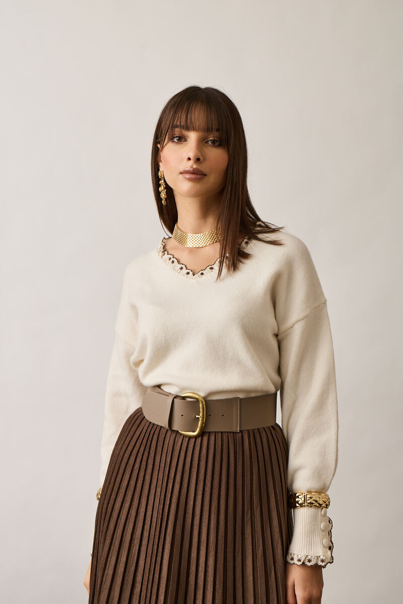 Pull Scollo V Con Macramé Panna|Colore:Panna