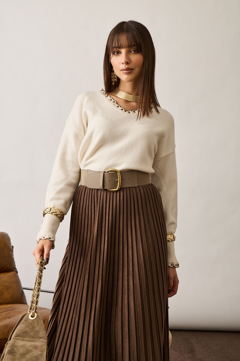 Pull Scollo V Con Macramé Panna|Colore:Panna