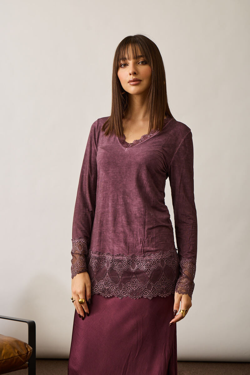 Maglia Manica Lunga Pizzo Viscosa Malva|Colore:Malva