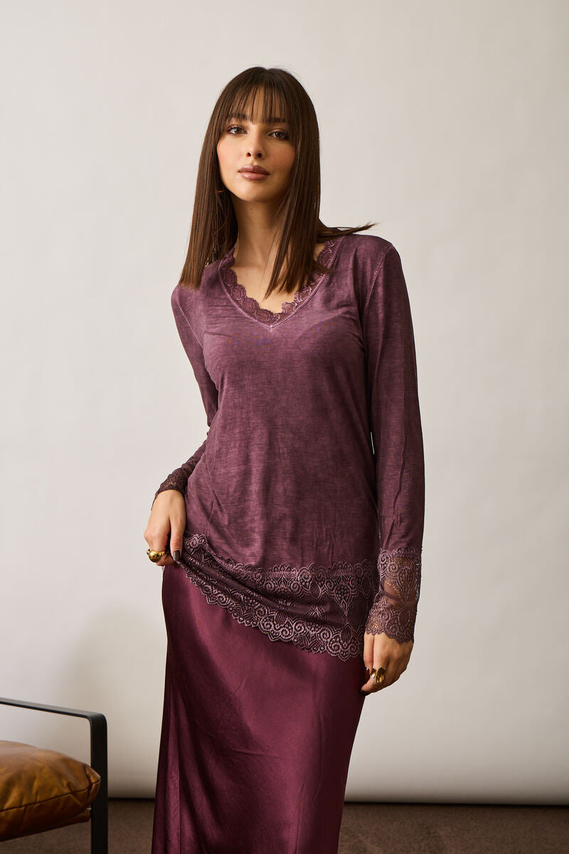 Maglia Manica Lunga Pizzo Viscosa Malva|Colore:Malva