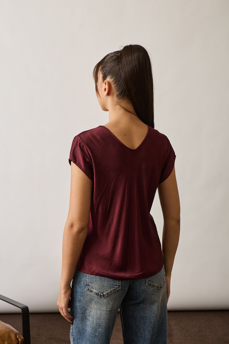 Blusa Satin Doppio Scollo V Bordeaux|Colore:Bordeaux