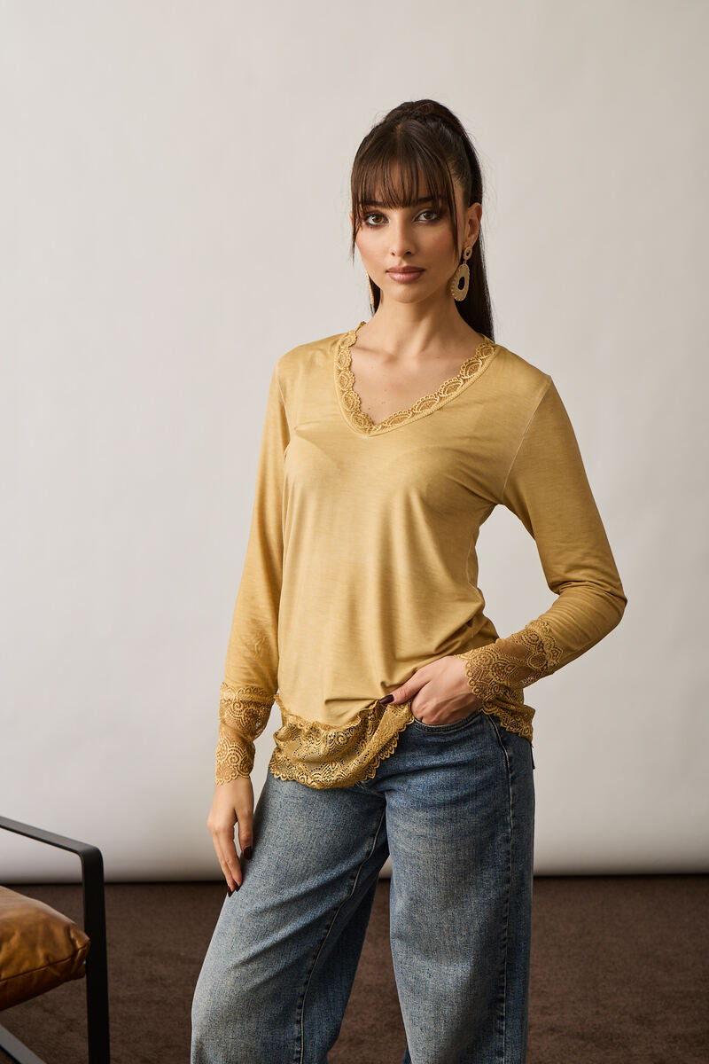 Maglia Manica Lunga Pizzo Viscosa Ocra|Colore:Ocra