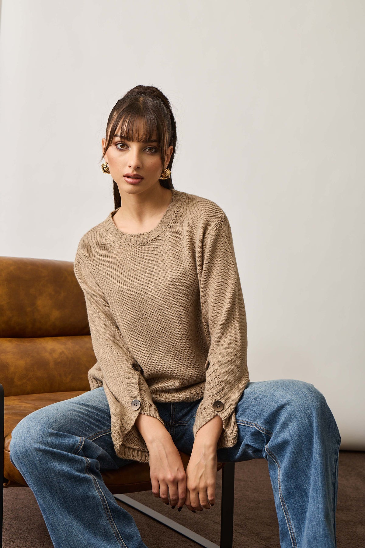 Pull Girocollo Con Bottoni Fango|Colore:Fango